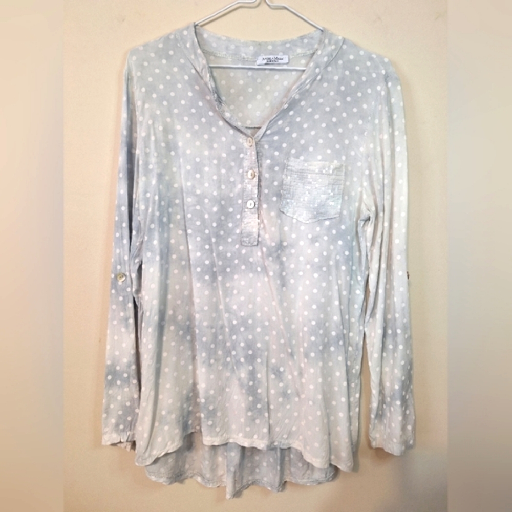 Angela Mara S longsleeve 1/4 button-up blue tie dye Polka-dot sequin blouse